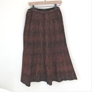 Peruvian Connection Knit Pima Cotton Red Black Gold Metallic Midi Length Skirt